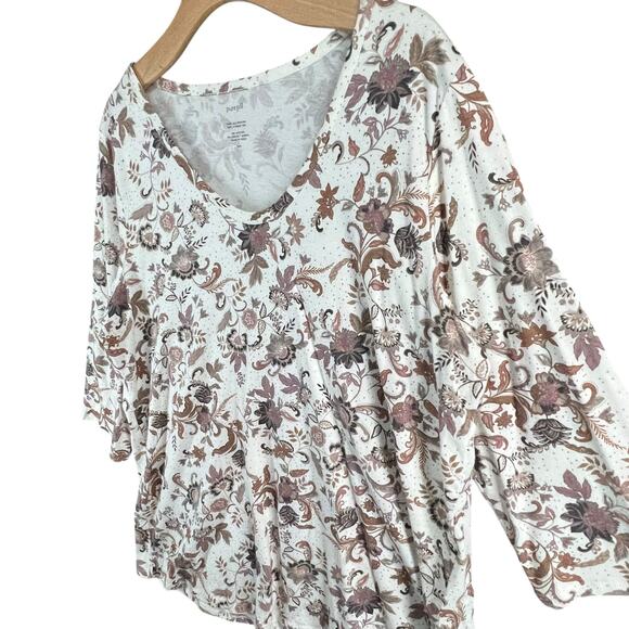 J Jill Pure Printed Soft V Neck Top Large Tall White Tan Floral Casual Boho Chic - Picture 3 of 14